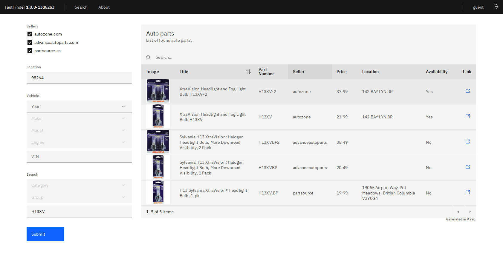 Auto parts search engine